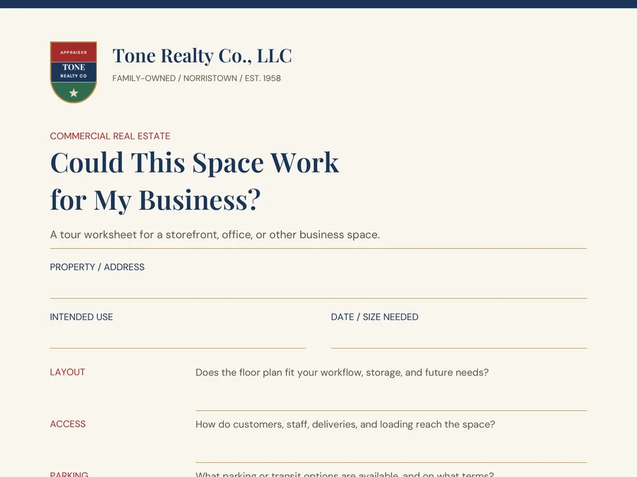 Preview of the Could This Space Work for My Business? guide from Tone Realty Co.
