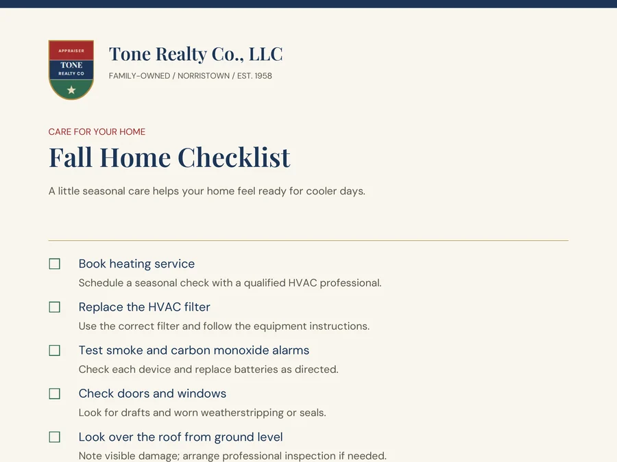 Preview of the Fall Home Checklist guide from Tone Realty Co.