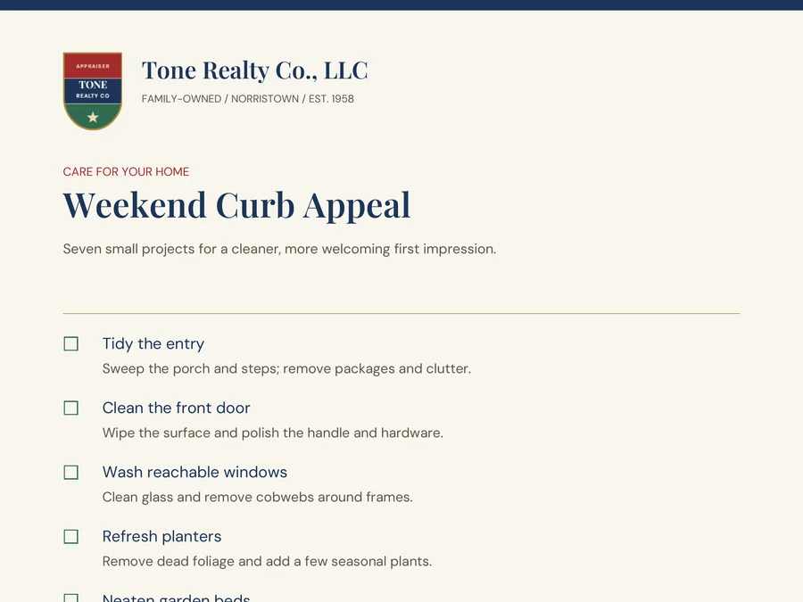 Preview of the Weekend Curb Appeal guide from Tone Realty Co.