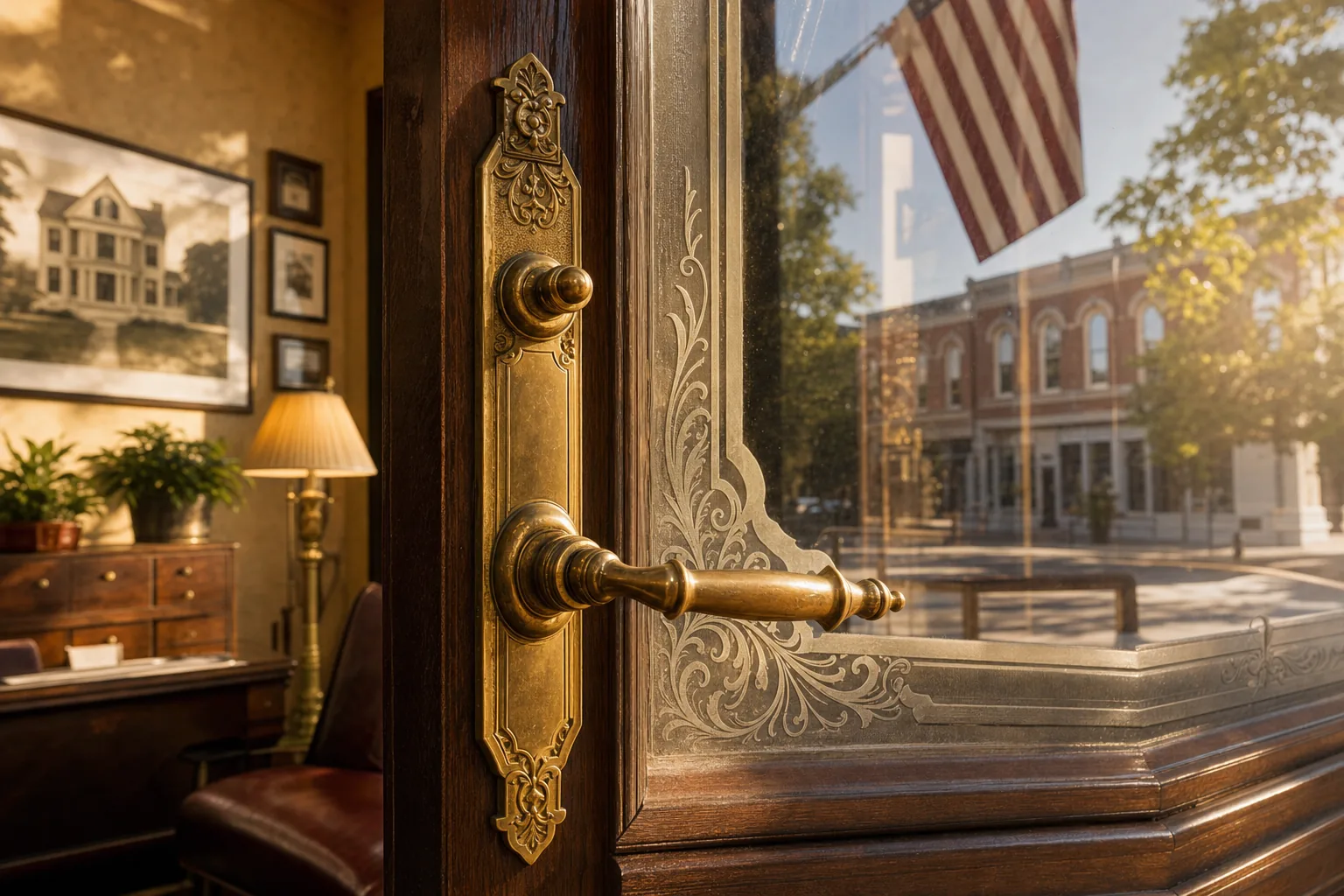 Historic brass door handle at the Tone Realty office entrance on Main Street