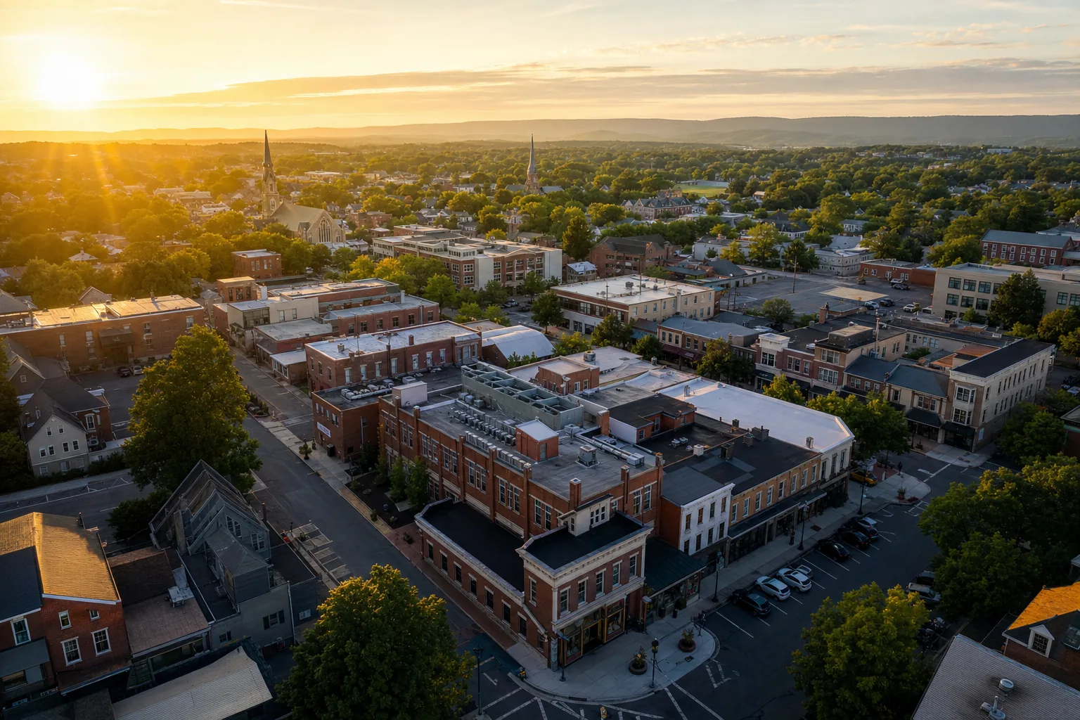 Aerial view of downtown Norristown at golden hour