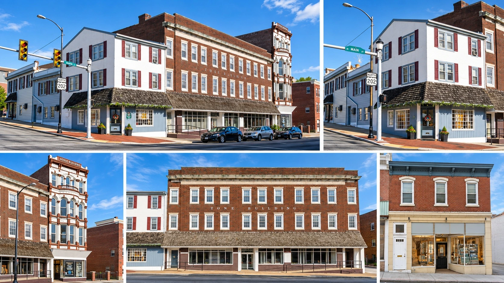 Five photos of the Tone Building, 101 East Main Street, and 320 DeKalb Street in downtown Norristown, Pennsylvania