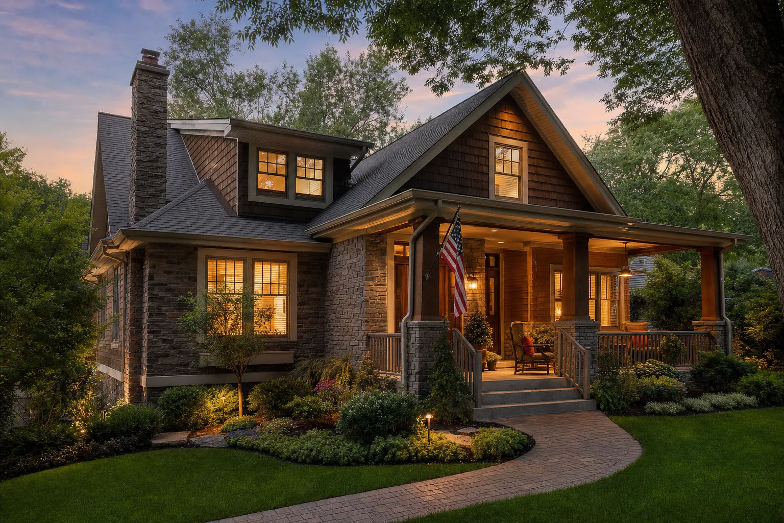 Craftsman-style home at dusk with an American flag on the porch