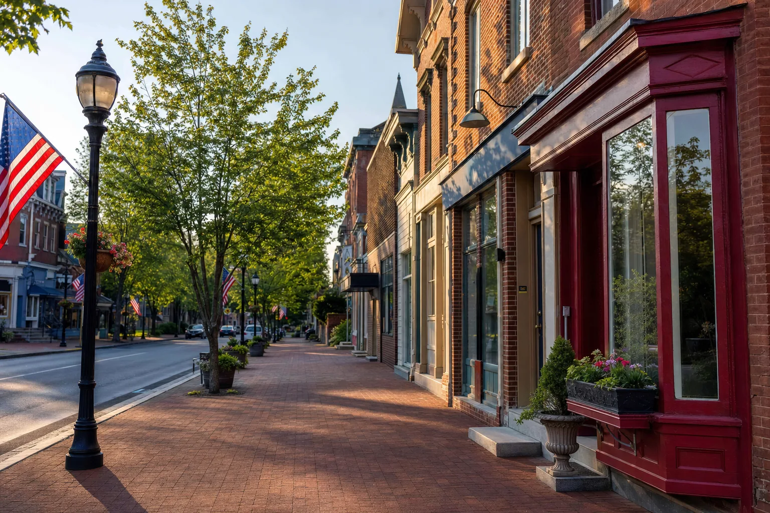 Downtown Norristown Main Street with American flags