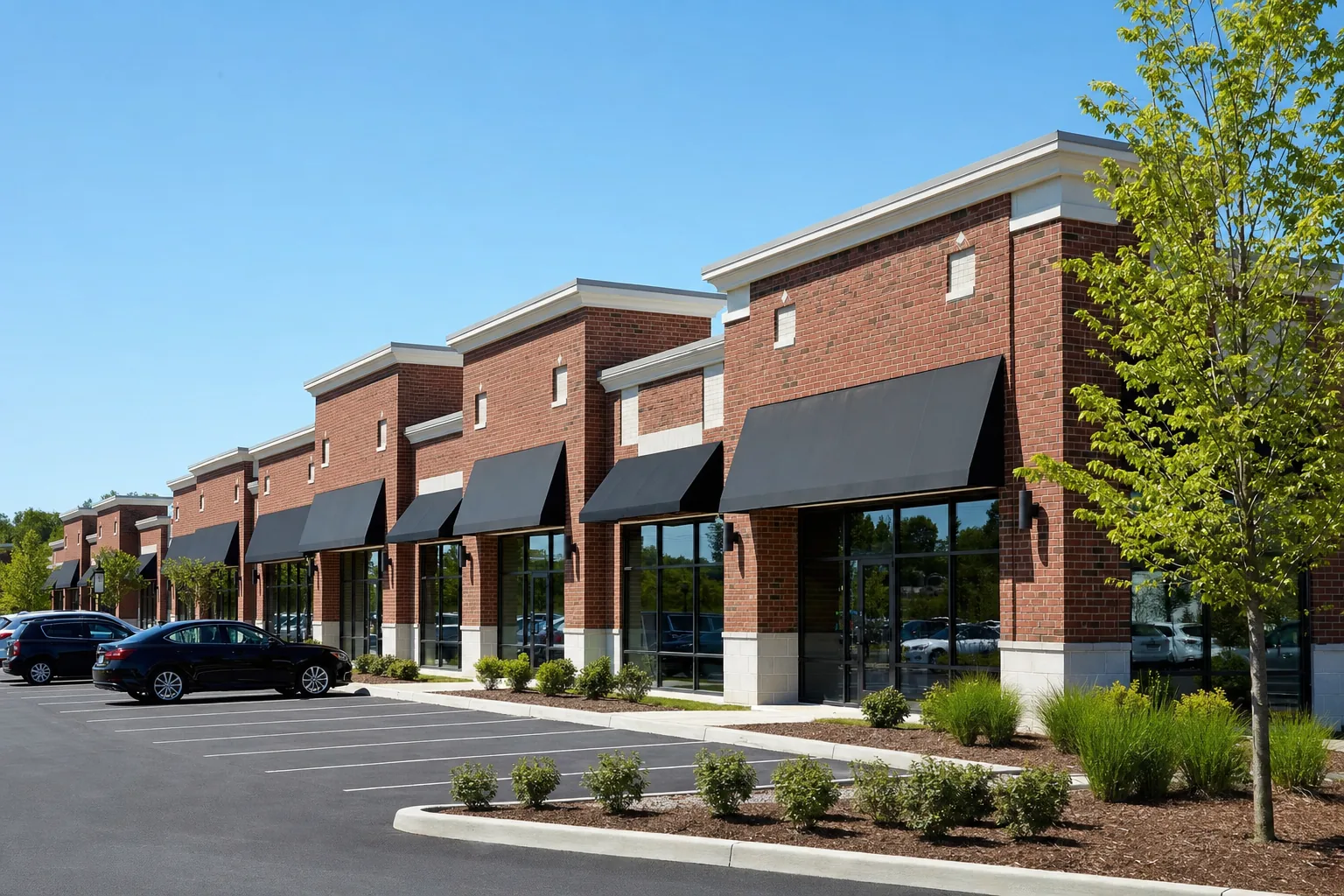 Commercial retail plaza with landscaping