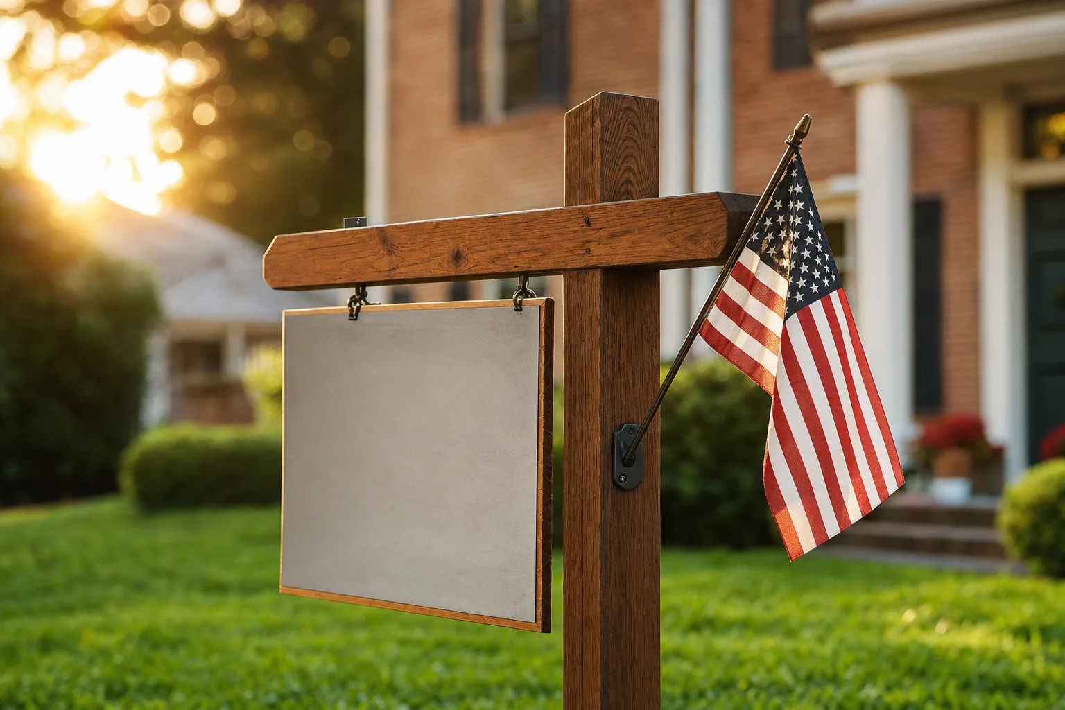 Real estate yard sign with a small American flag on a green lawn