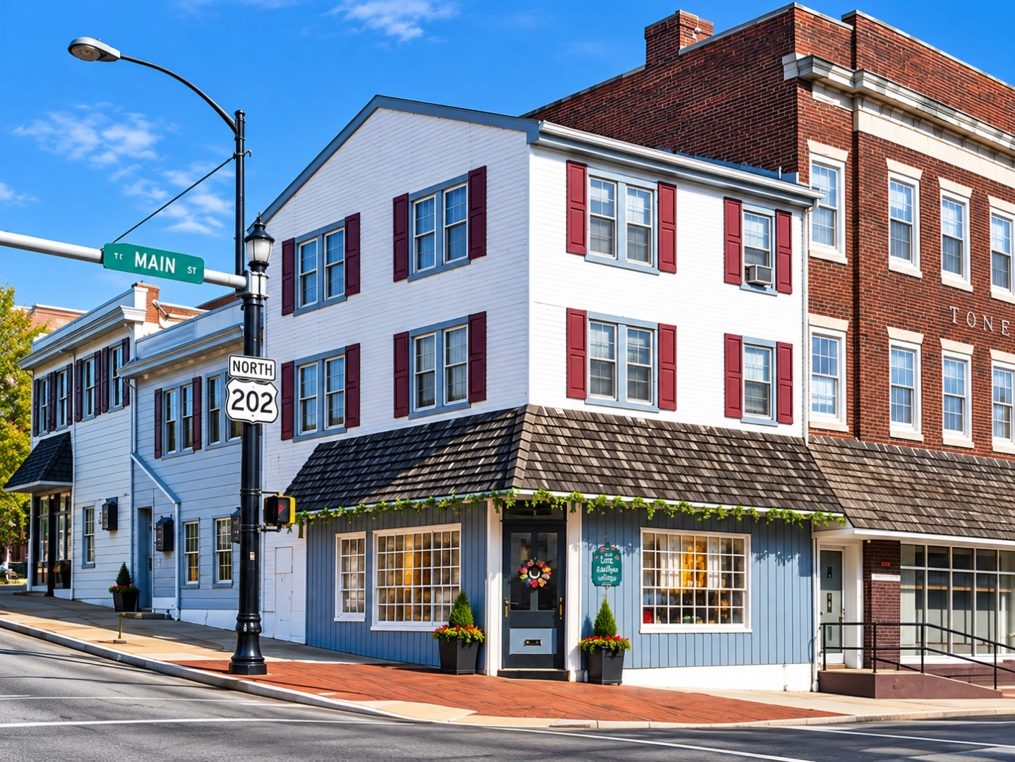 Mixed-use brick building at Main Street and DeKalb Street in Norristown, PA