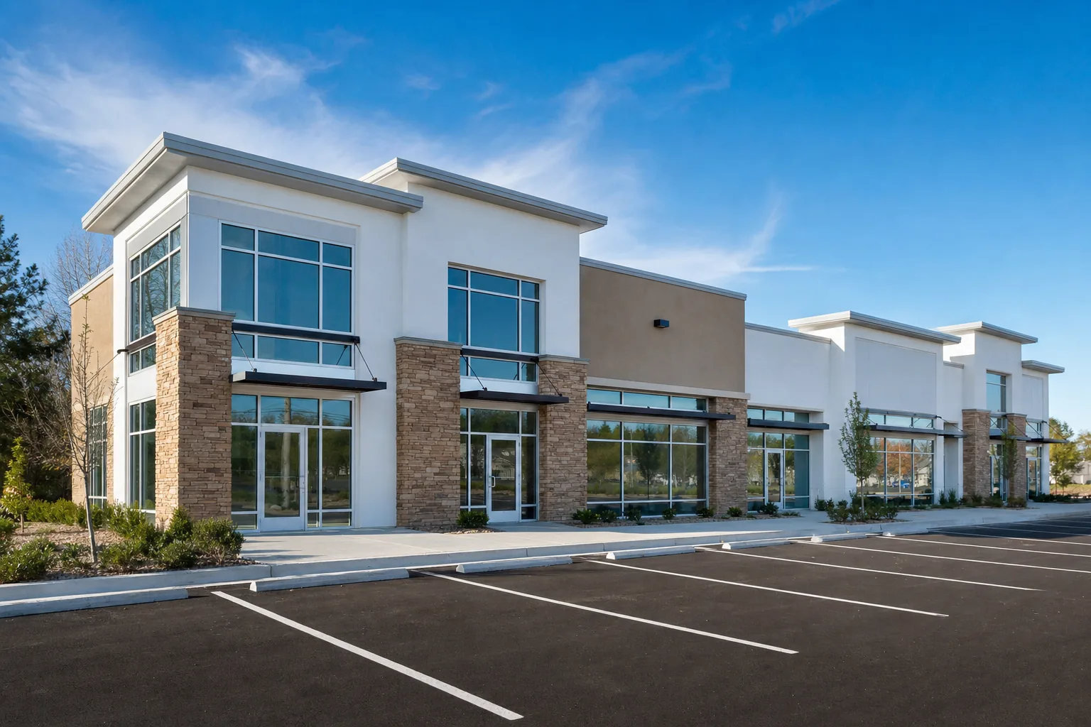 Modern commercial retail building with parking lot